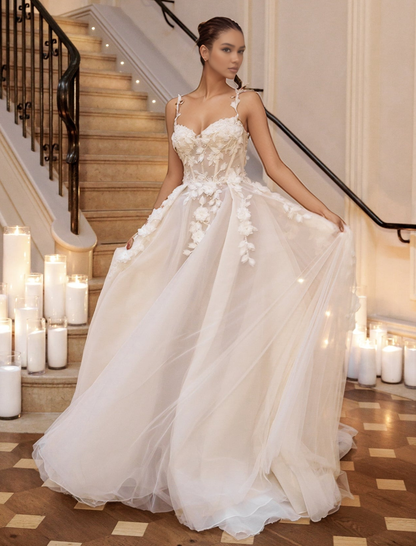 Sweetheart A Line Tulle 3D Flowers Beach Wedding DRESSes for Bride HE878