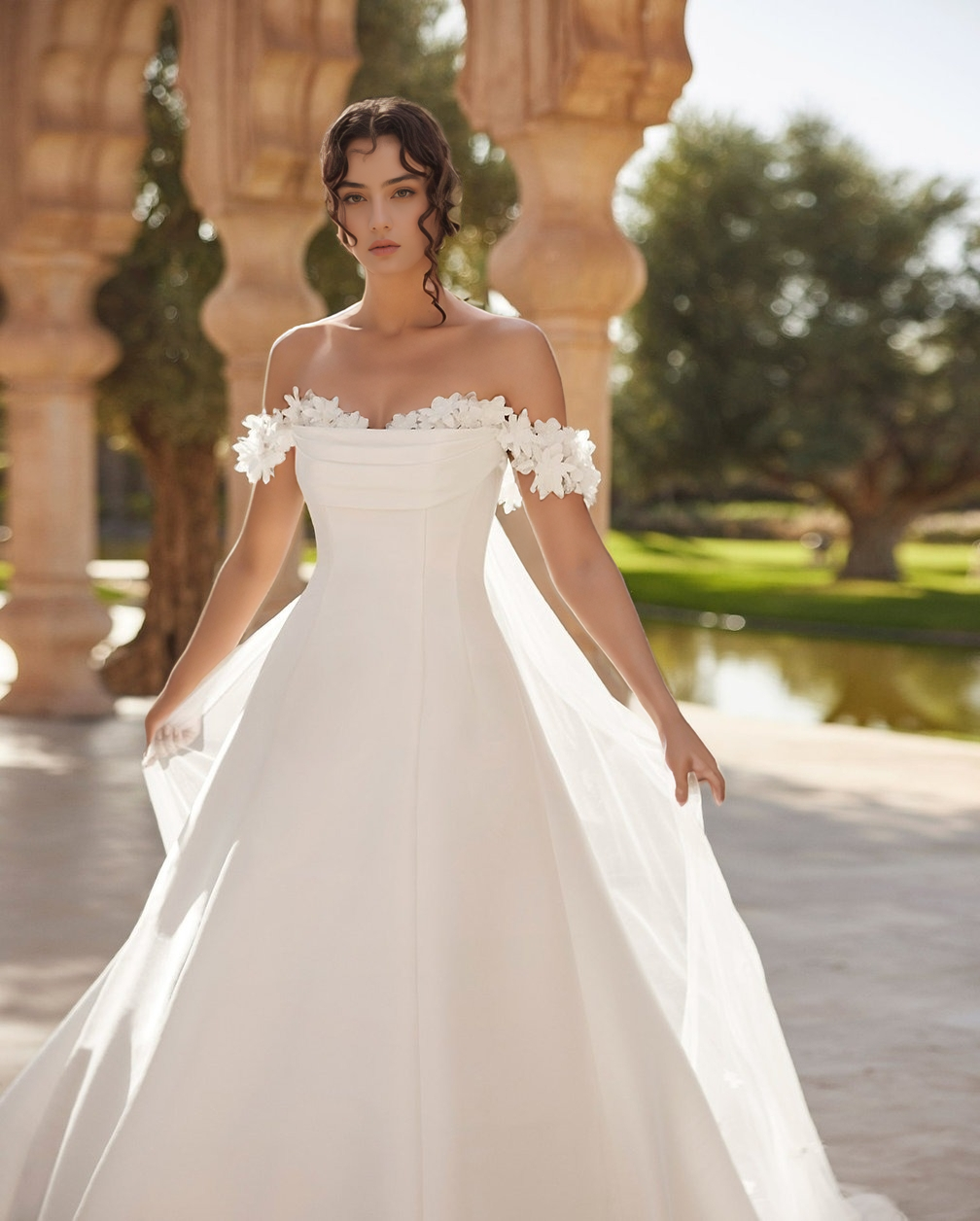 Women's A Line Satin Appliqued Plus Size White Wedding Dresses with Pockets HE875