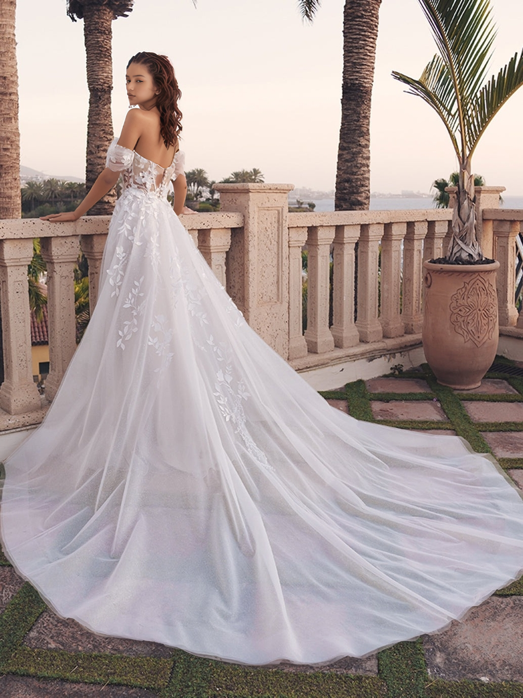 Off Shoulder Tulle 3D Flowers A Line Beach Wedding Dresses for Bride HE877