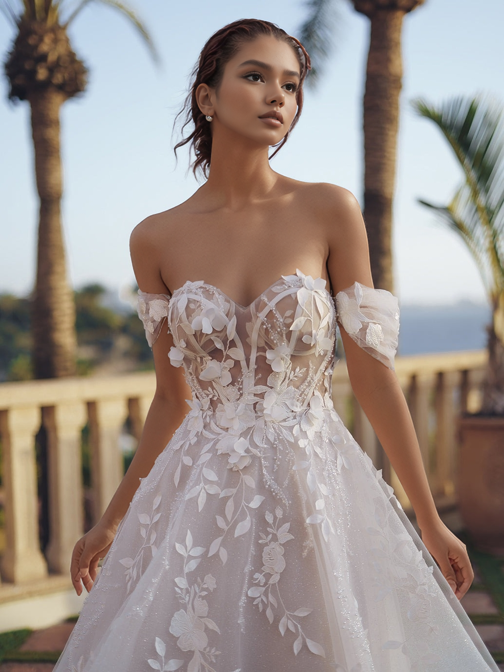 Off Shoulder Tulle 3D Flowers A Line Beach Wedding Dresses for Bride HE877