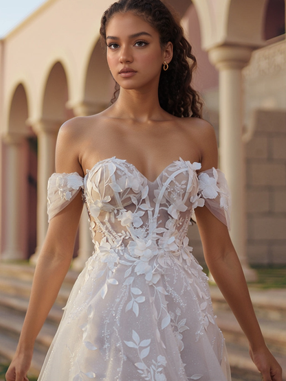 Off Shoulder Tulle 3D Flowers A Line Beach Wedding Dresses for Bride HE877