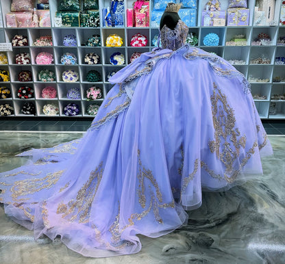 Off Shoulder Lace Appliqued Beaded Princess Lilac Quinceanera Dresses for Sweet 15 HE1568