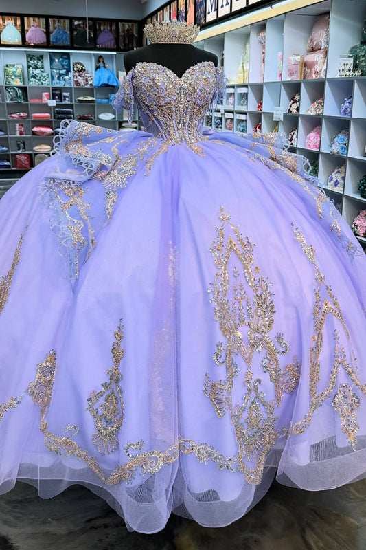 Off Shoulder Lace Appliqued Beaded Princess Lilac Quinceanera Dresses for Sweet 15 HE1568