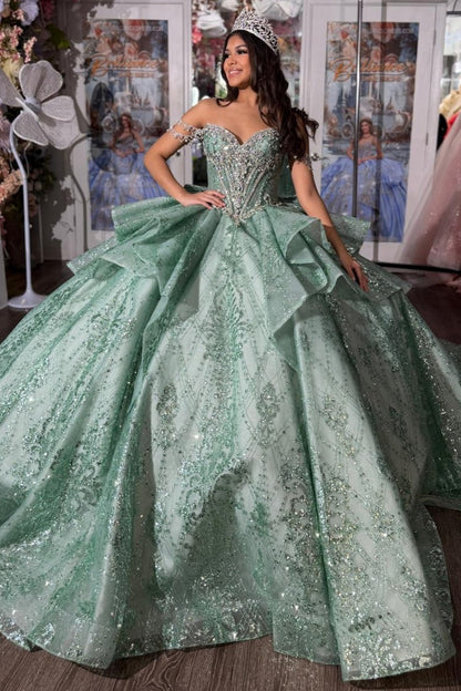Off Shoulder Lace Beaded Quinceanera Dresses Sweet 15 Ruffled Birthday Party Gowns HE1348