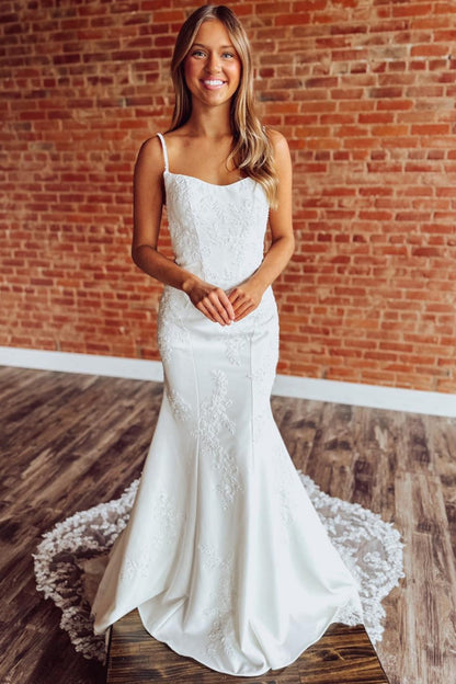 Mermaid Satin Lace Wedding Dresses Boho Appliqued Bride Wedding Gowns for Women HE1334