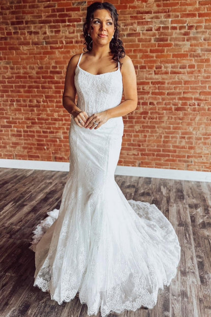 Mermaid Lace Appliqued Beach Wedding Dresses Tulle Boho Bridal Wedding Gown HE1339