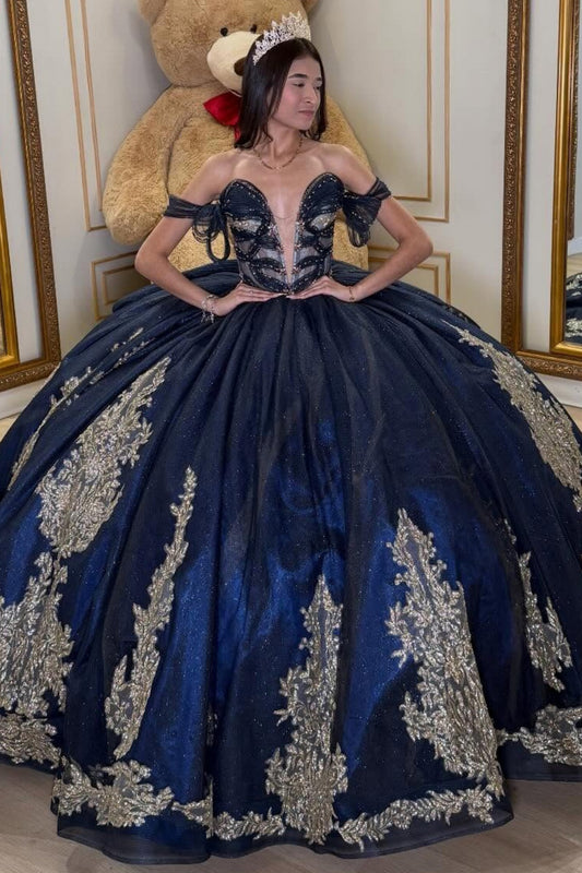 Princess Tulle Lace Appliqued Quinceanera Dresses Off Shoulder Sweet 15 Party Gown HE1356