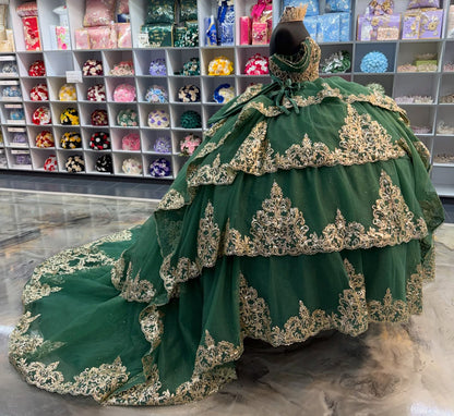 Tulle Lace Appliqued Beaded Green Sweet 16 Ruffled Quinceanera Dresses HE1566