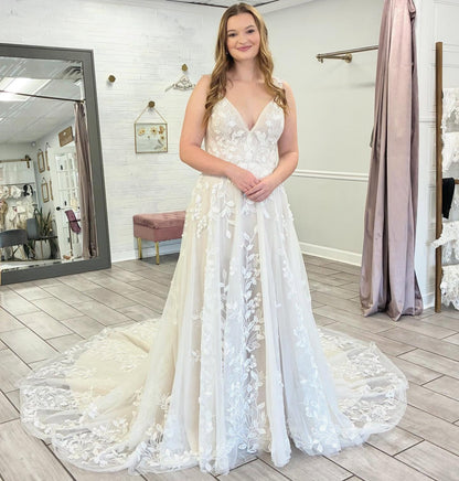 Elegant A Line Beach Tulle Wedding Dresses for Bride Lace Embroidery Wedding Gowns HE1433