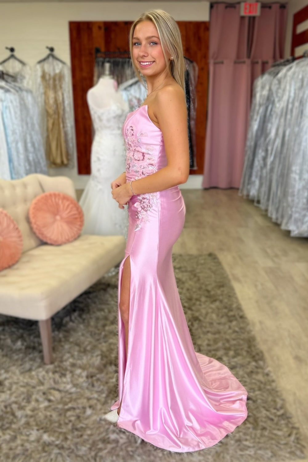 Satin Meerjungfrau Spitze Perlen V-Ausschnitt Schlitz Ballkleider lang für Frauen HE868