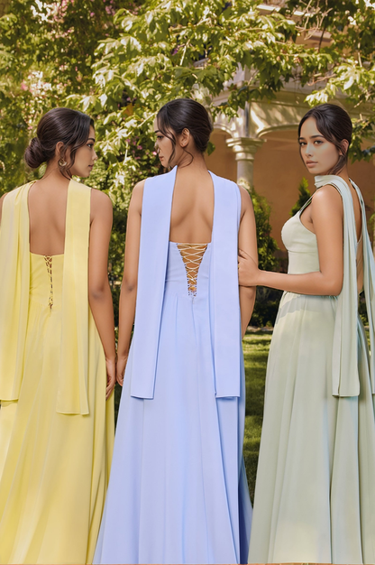 A Line Sweetheart Chiffon Pleated Bridesmaid Dresses Long Corset Wedding Guest Dress HE1628