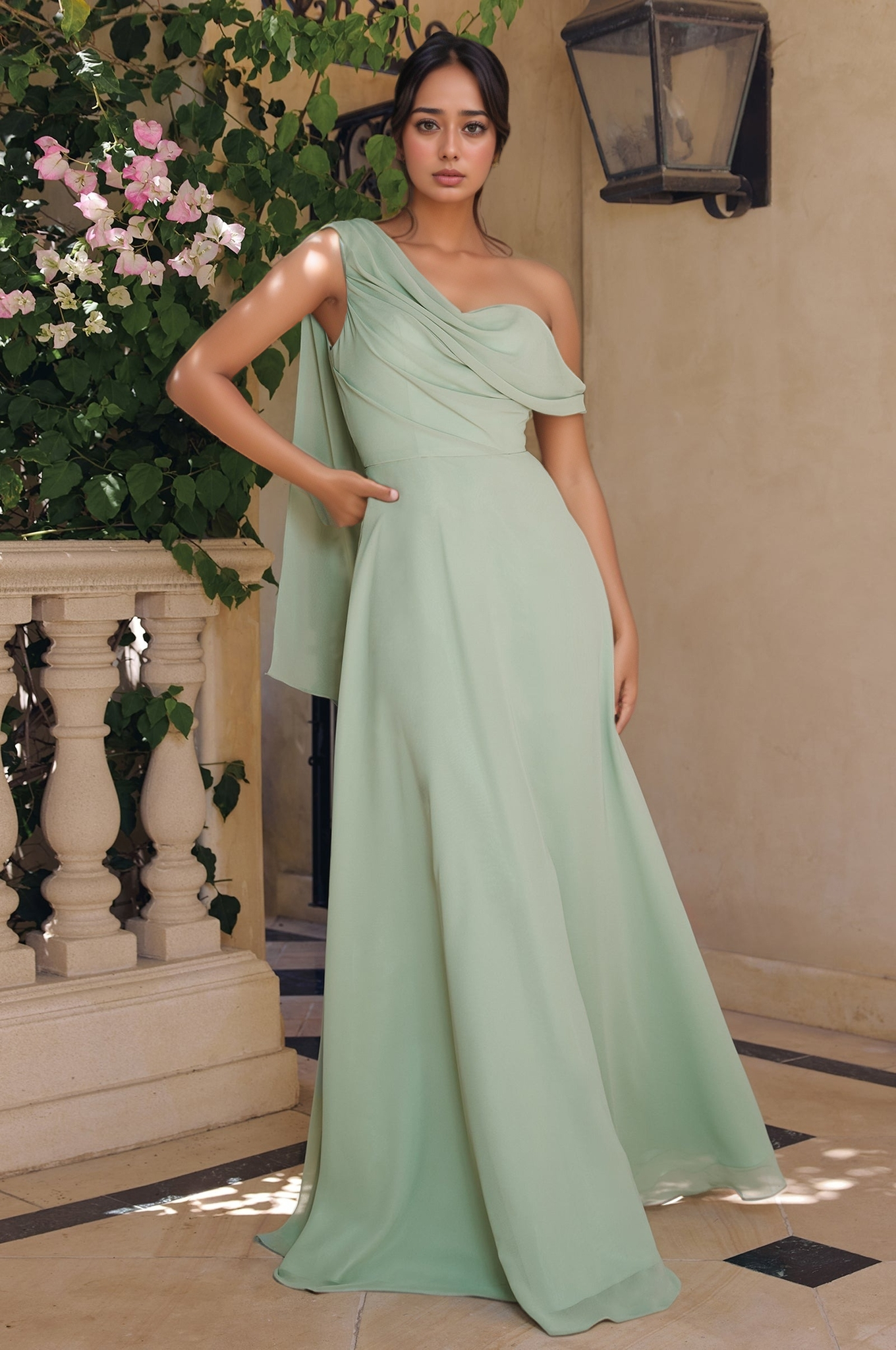 Off Shoulder Chiffon Bridesmaid Dresses Long A Line Pleated Wedding Guest Dresses HE1627
