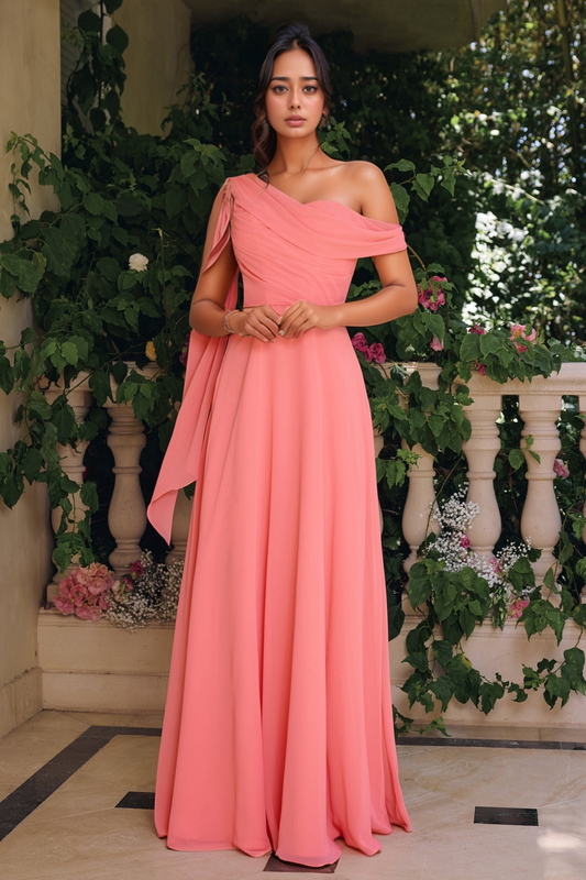 Off Shoulder Chiffon Bridesmaid Dresses Long A Line Pleated Wedding Guest Dresses HE1627