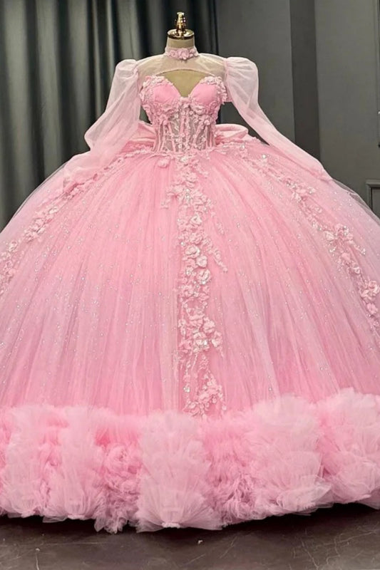 Long Sleeves Tulle Appliqued Tiered Pink Quinceanera Dresses for Sweet 15 Party HE1464
