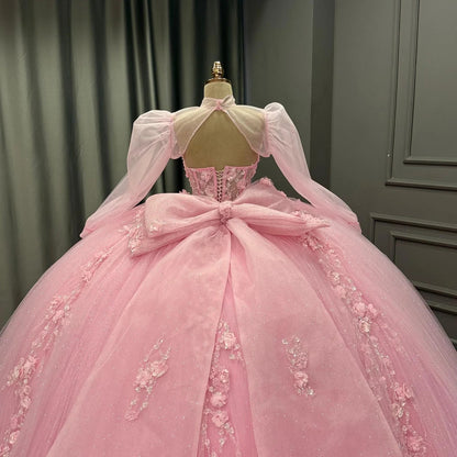 Long Sleeves Tulle Appliqued Tiered Pink Quinceanera Dresses for Sweet 15 Party HE1464