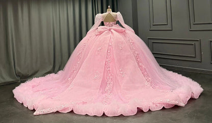 Long Sleeves Tulle Appliqued Tiered Pink Quinceanera Dresses for Sweet 15 Party HE1464