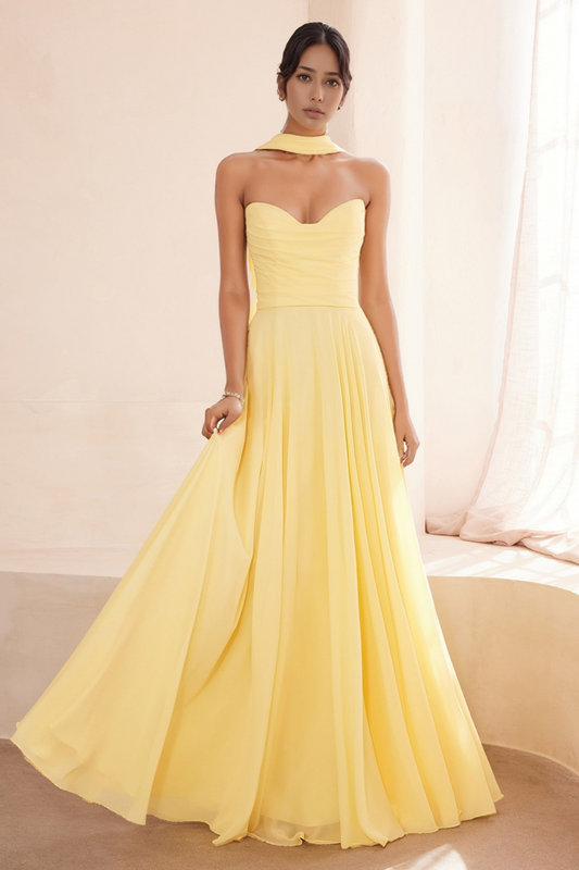 A Line Sweetheart Chiffon Pleated Wedding Bridesmaid Dresses Long Strapless Party Gown HE1624