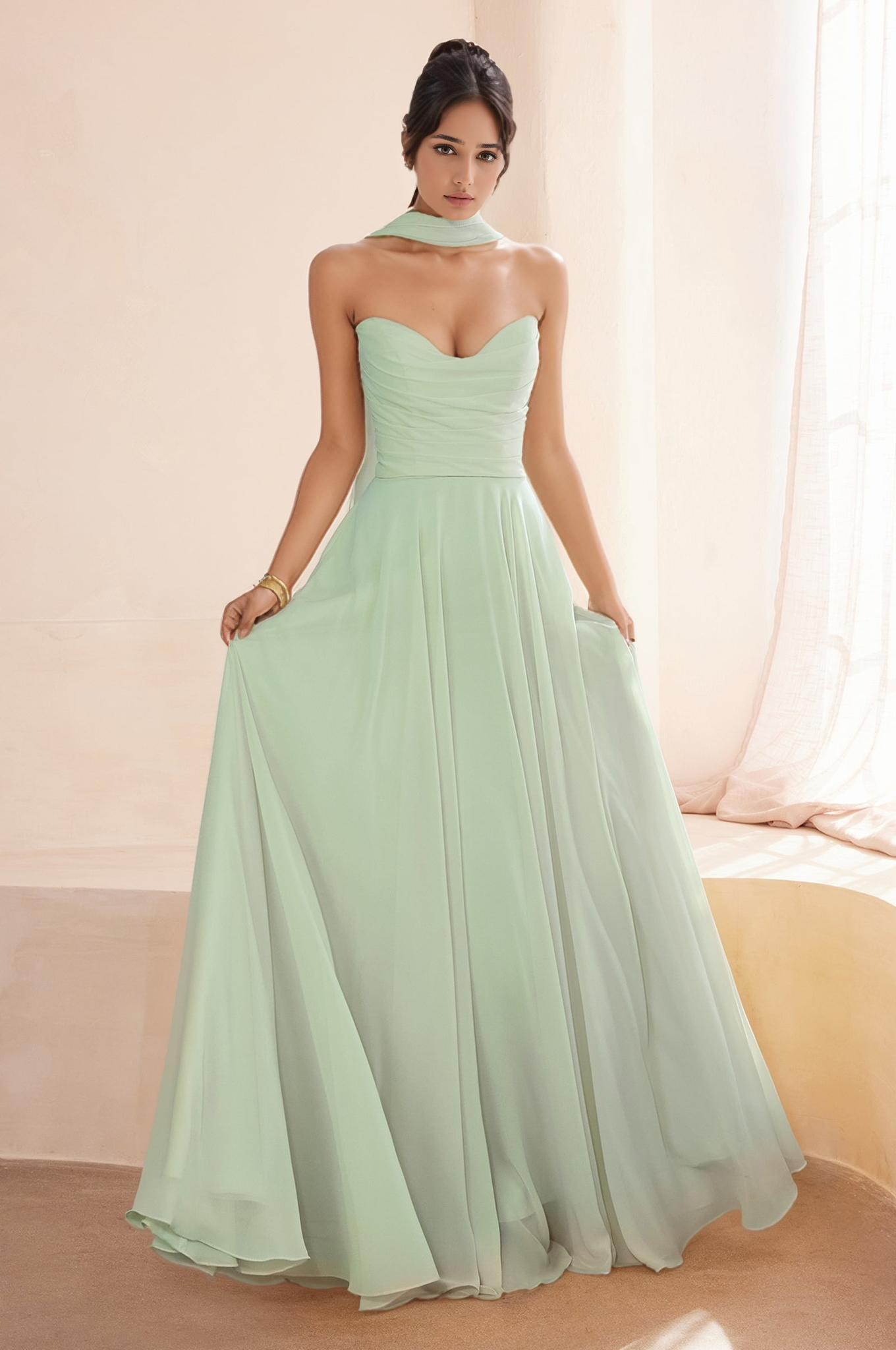 A Line Sweetheart Chiffon Pleated Wedding Bridesmaid Dresses Long Strapless Party Gown HE1624
