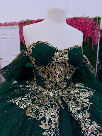 Gorgeous Lace Crystal Beaded Green Quinceanera Dresses Off Shoulder Sweet 15 Party Gown HE1398