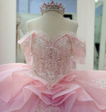 Ball Gown Lace Appliqued Pink Quinceanera Dresses Sweet 15 Off Shoulder Party Gown HE1397