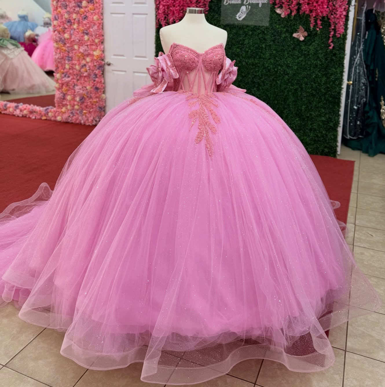 Glittery Tulle Crystal Beaded Pink Quinceanera Dresses Sweet 15 Party Gowns with Bowknot HE1409