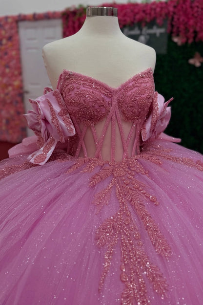 Glittery Tulle Crystal Beaded Pink Quinceanera Dresses Sweet 15 Party Gowns with Bowknot HE1409