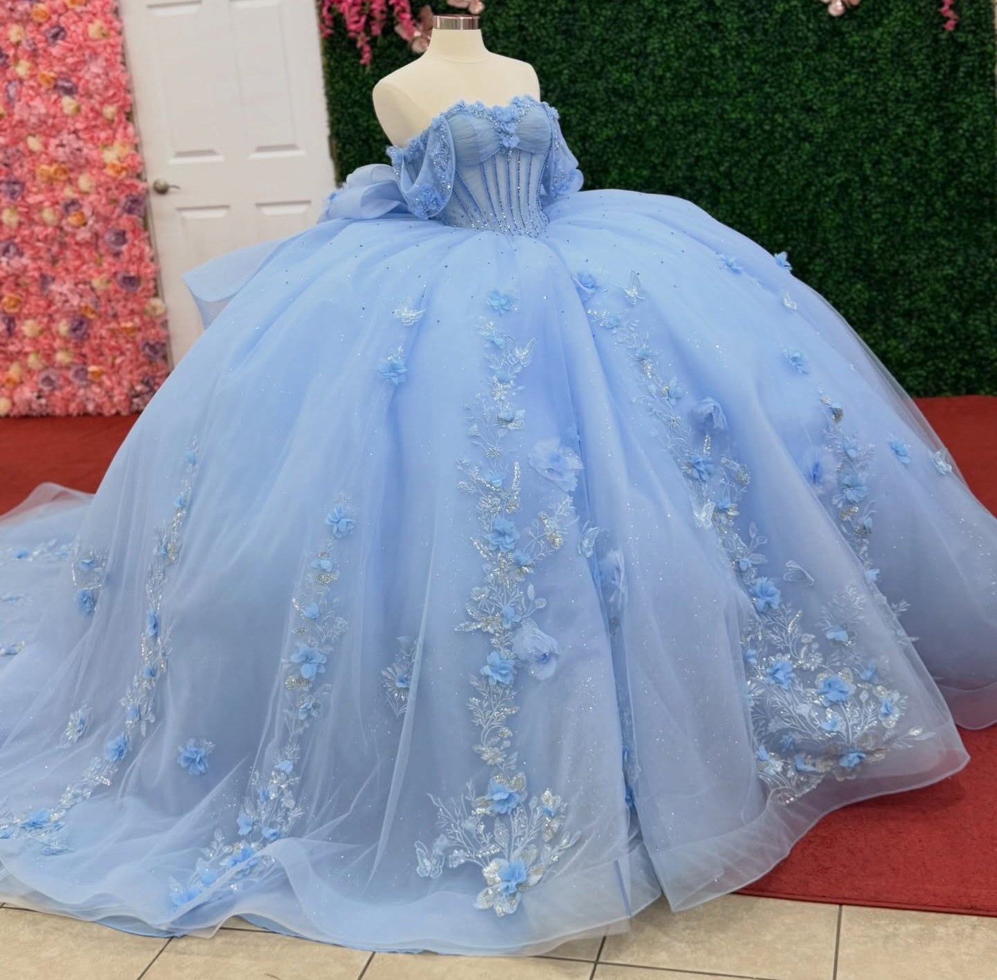 Off Shoulder Ball Gown Blue Quinceanera Dresses Tulle Corset Sweet 15 Birthday Gown HE1465