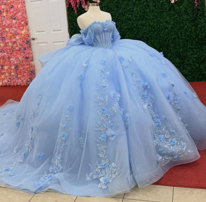 Off Shoulder Ball Gown Blue Quinceanera Dresses Tulle Corset Sweet 15 Birthday Gown HE1465