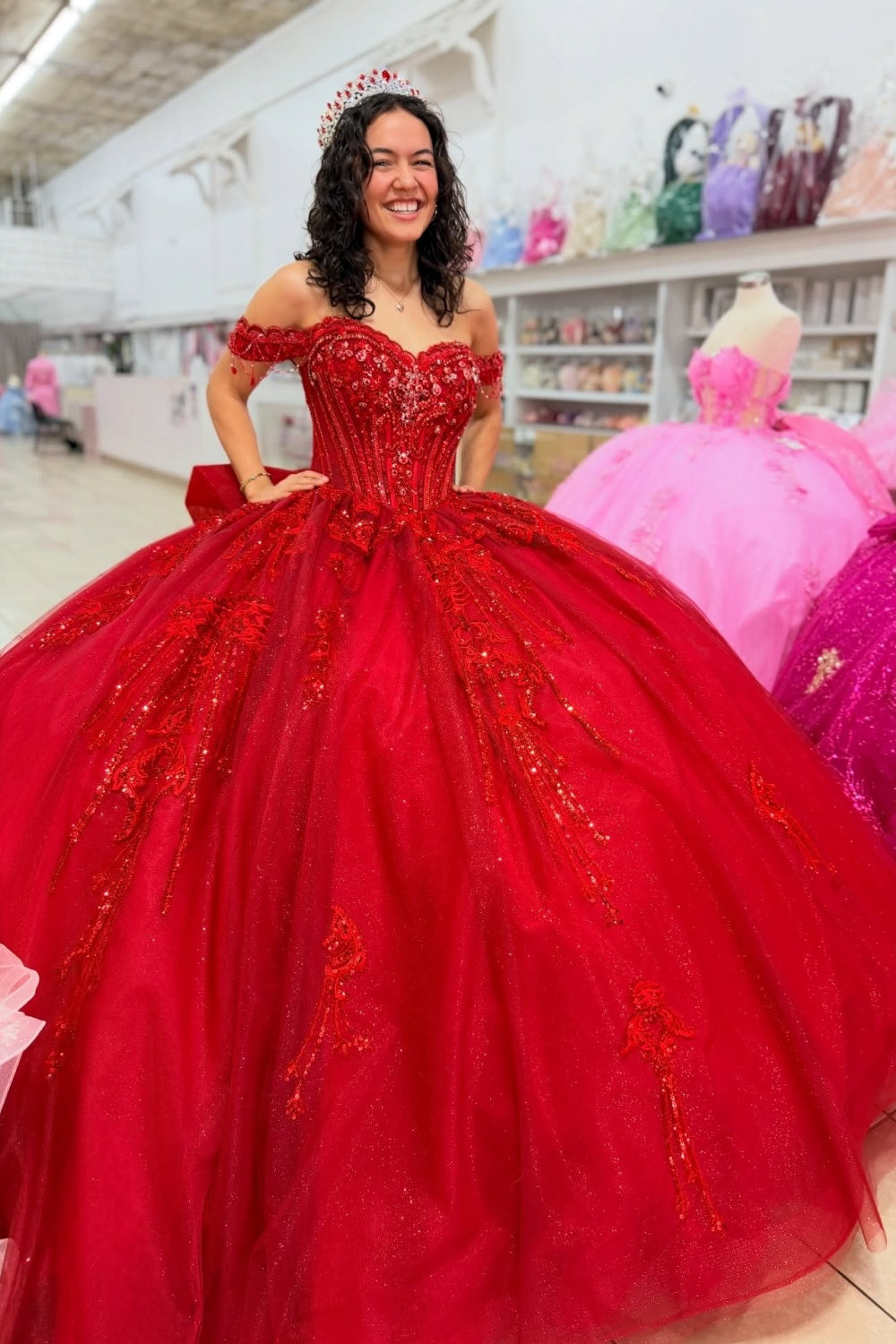 Gorgeous Tulle Lace Appliqued Red Quinceanera Dresses Sweet 15 Off Shoulder Party Gowns HE1412