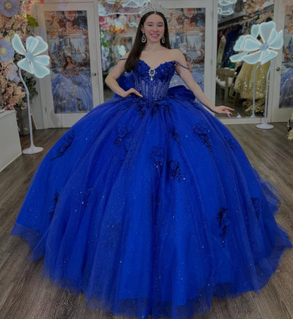 Ball Gown Lace Appliqued Blue Quinceanera Dresses Sweet 15 Off Shoulder Birthday Gowns HE1408
