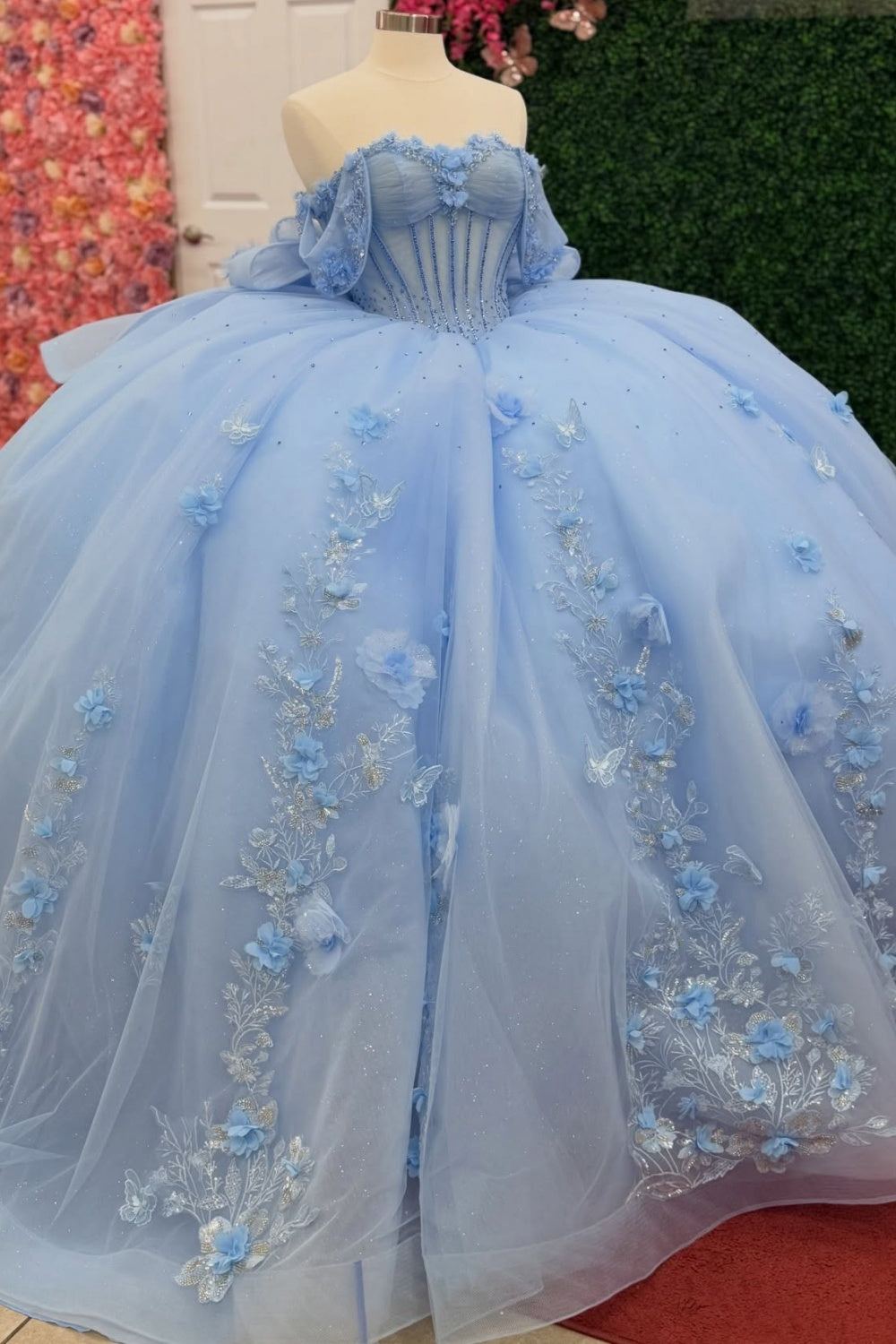 Off Shoulder Ball Gown Blue Quinceanera Dresses Tulle Corset Sweet 15 Birthday Gown HE1465