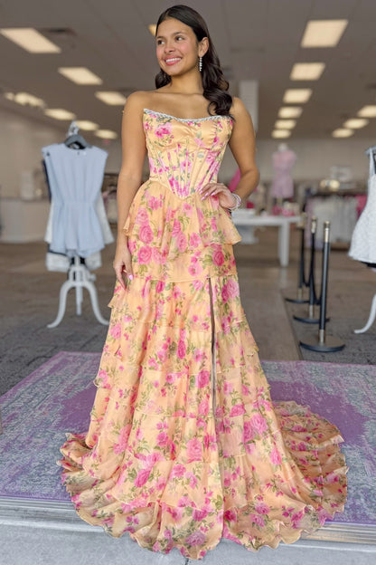 Women's Satin Tiered Long Prom Dresses Sweetheart Floral Corset Crystal Evening Party Gowns HE1377