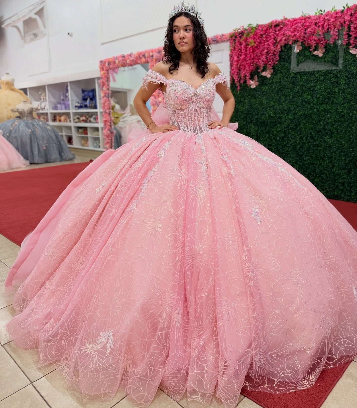 Princess Glittery Tulle Beaded Pink Quinceanera Dresses Sweet 16 Birthday Prom Party Gown HE1414