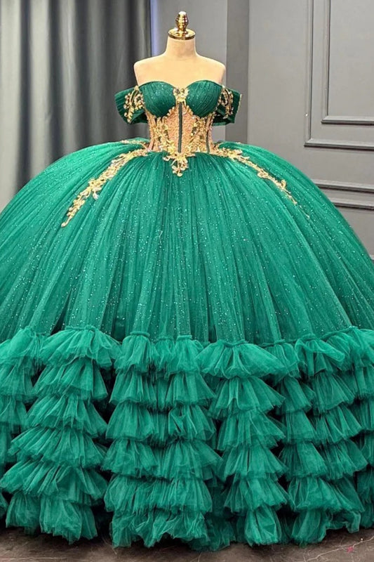 Tulle Appliqued Green Quinceanera Dresses Tiered Sweet 16 Party Gowns HE1456