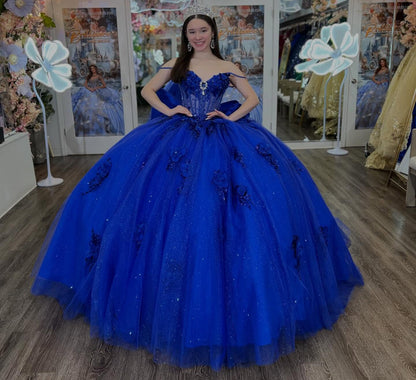 Ball Gown Lace Appliqued Blue Quinceanera Dresses Sweet 15 Off Shoulder Birthday Gowns HE1408