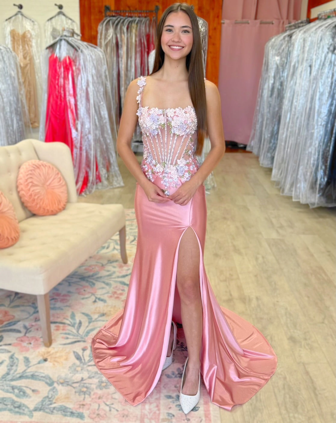 Mermaid Satin 3d Flower Appliqued Corset Long Prom Dresses for Women HE1469