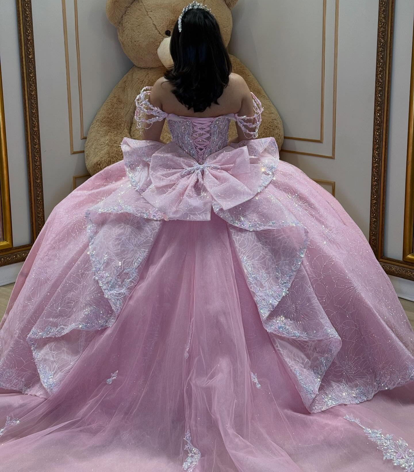 Glittery Lace Crystal Beaded Off Shoulder Pink Sweet 15 Quinceanera Dresses HE1560