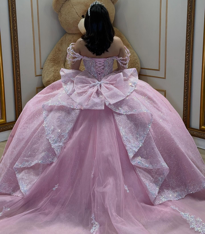 Glittery Lace Crystal Beaded Off Shoulder Pink Sweet 15 Quinceanera Dresses HE1560