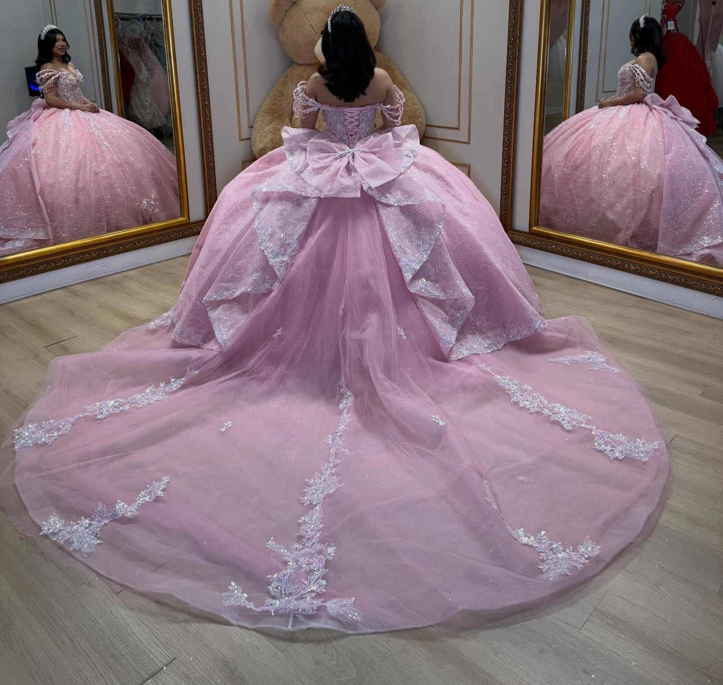 Glittery Lace Crystal Beaded Off Shoulder Pink Sweet 15 Quinceanera Dresses HE1560