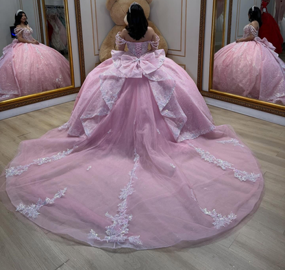 Glittery Lace Crystal Beaded Off Shoulder Pink Sweet 15 Quinceanera Dresses HE1560