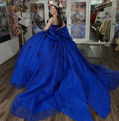 Ball Gown Lace Appliqued Blue Quinceanera Dresses Sweet 15 Off Shoulder Birthday Gowns HE1408