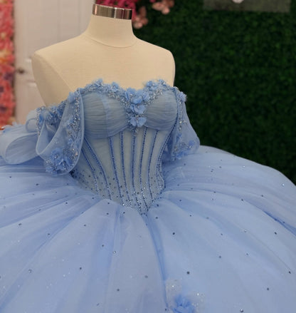 Off Shoulder Ball Gown Blue Quinceanera Dresses Tulle Corset Sweet 15 Birthday Gown HE1465
