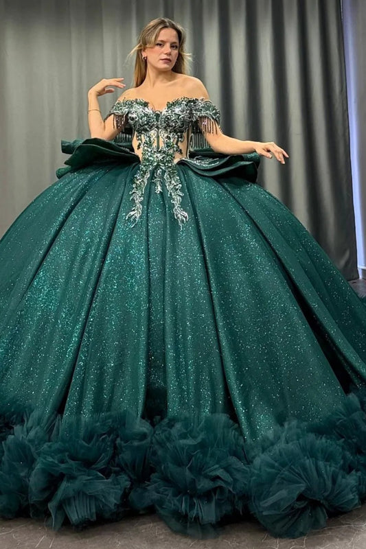 Glittery Tulle Lace Tiered Green Quinceanera Dresses Ball Gown Party Dress for Sweet 15 HE1462