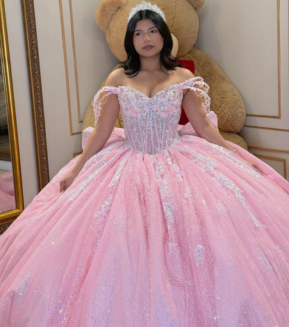 Glittery Lace Crystal Beaded Off Shoulder Pink Sweet 15 Quinceanera Dresses HE1560