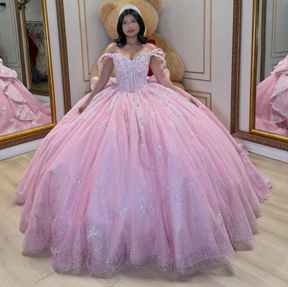 Glittery Lace Crystal Beaded Off Shoulder Pink Sweet 15 Quinceanera Dresses HE1560