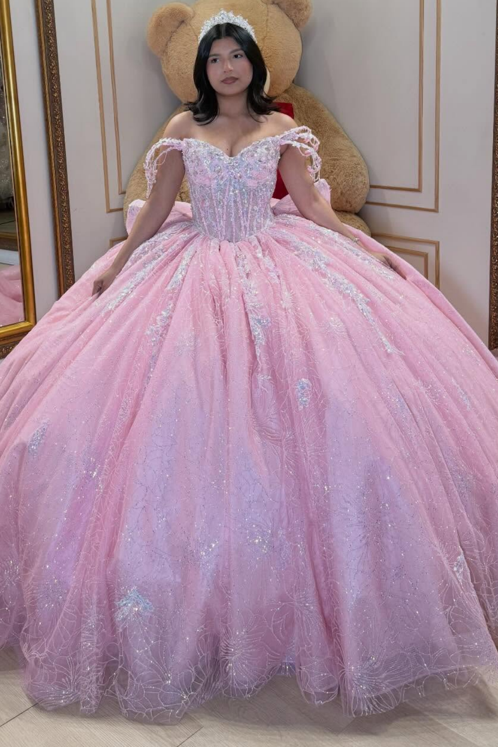 Glittery Lace Crystal Beaded Off Shoulder Pink Sweet 15 Quinceanera Dresses HE1560