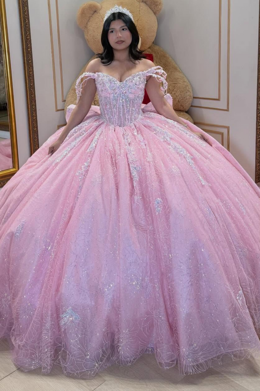 Glittery Lace Crystal Beaded Off Shoulder Pink Sweet 15 Quinceanera Dresses HE1560