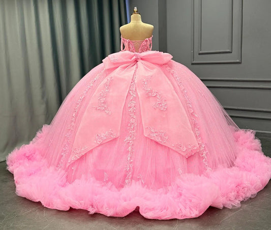 Princess Off Shoulder Quinceanera Dresses Pink Tulle Lace Appliqued Sweet 15 Birthday Dresses HE1457