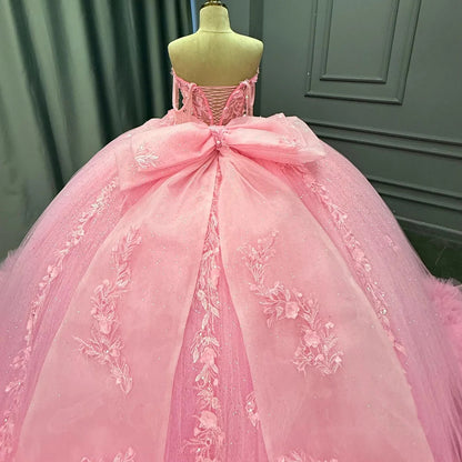Princess Off Shoulder Quinceanera Dresses Pink Tulle Lace Appliqued Sweet 15 Birthday Dresses HE1457