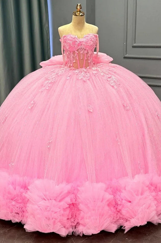 Princess Off Shoulder Quinceanera Dresses Pink Tulle Lace Appliqued Sweet 15 Birthday Dresses HE1457